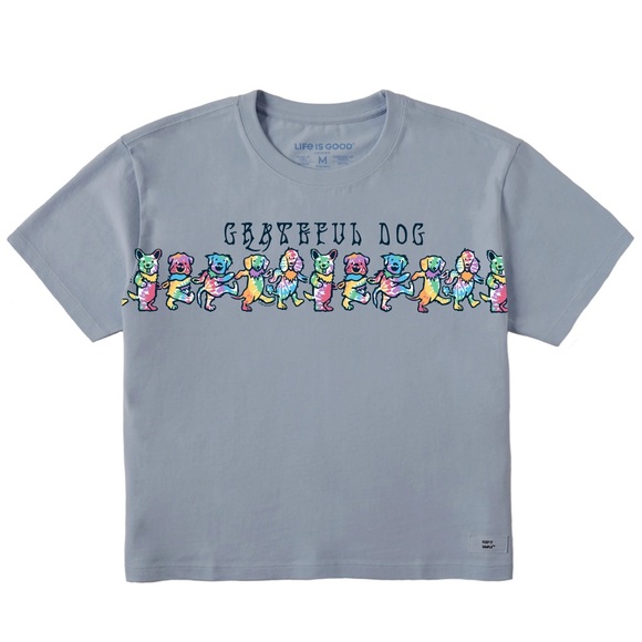 Life Is Good Tops - Life Is Good Light Blue Short Sleeve Tee with Colorful Grateful Dog Row